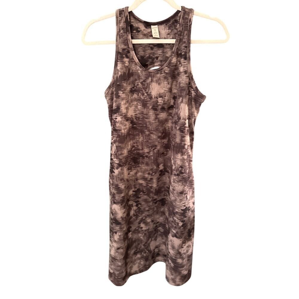 Marika Athleisure Mini Dress Keyhole Back Pockets Sz M Brown Abstract Activewear